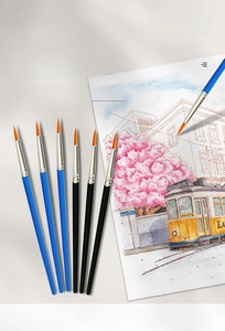 Macro detail of pointed nylon hair brushes for professional watercolor and oil painting