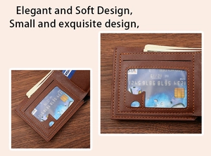 Macro shot showing multi-card slots and clear ID window of the brown leather wallet