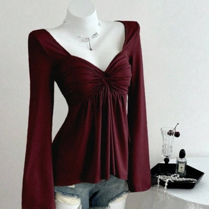 Damen Weinrot Langarm Strickoberteil Eckiger Ausschnitt Twist Front Gerafft Slim Fit Sexy Weicher Elastischer Pullover