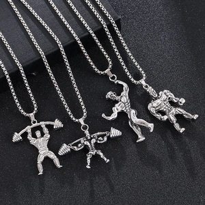 Silver fitness necklaces featuring weightlifting and bodybuilding gym pendants for men