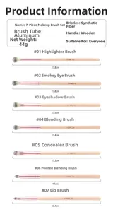 Dimensions détaillées de 7 pinceaux de maquillage beige avec viroles roses et fibres