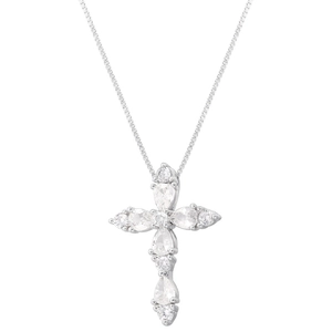 Close-up of cross pendant with micro-pawned crystals and elegant silver box chain