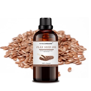 Macro shot of 100ml flax seed oil bottle with natural flax seeds on background
