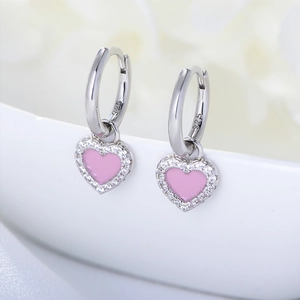 Boucles d'oreilles créoles en argent S925 avec cœurs roses et zircons blancs