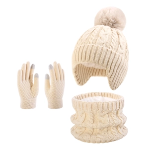 3-piece kids winter set with cable knit hat, fleece neck warmer and touchscreen gloves