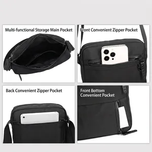 Men's waterproof black oxford crossbody bag with multi-layer storage compartments