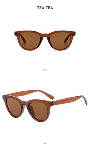 Front and side views of tea-colored amber sunglasses with cat-eye frames on white background