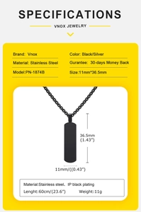 Detailed size specifications of a matte black IP plated stainless steel dog tag necklace
