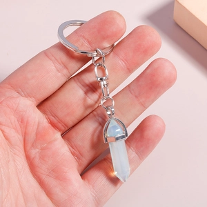 Handheld moon hexagonal white crystal bullet pendant keychain with silver metal ring