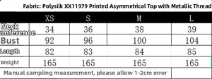Detailed size chart for the asymmetric printed top with metallic threads showing measurements