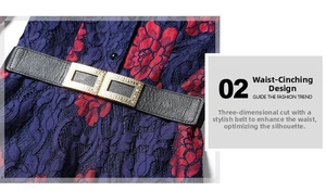 Detailed view of red floral lace dress featuring a slim black belt with gold buckle