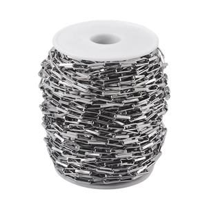 Silver stainless steel long box oval chain roll for DIY jewelry making on white spool