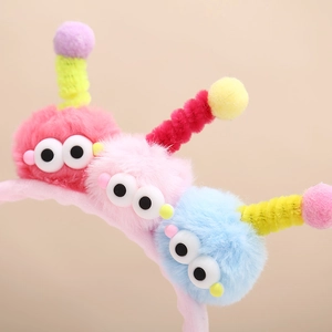 Colorful dopamine style plush cartoon earmuffs headband with cute fuzzy balls and big eyes