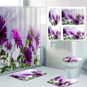 Floral purple daisy shower curtain set with matching non-slip bath rugs and toilet cover
