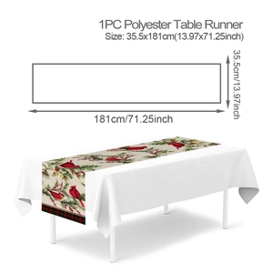 Polyester table runner size guide showing 35.5x181cm with Christmas cardinal and holly patterns