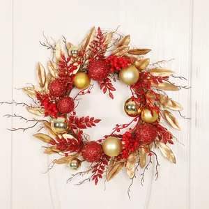 Christmas Wreath With LED Warm Lights Red Gold Glitter Balls Berries Artificial Leaves Front Door Wall Hanging Decor