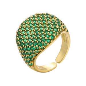 Detail of green cubic zirconia micro-pave setting on adjustable gold plated ring