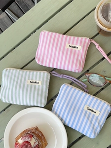 Striped Canvas Makeup Bag Small Portable Zipper Pouch For Lipstick Air Cushion Coins Small Items Storage