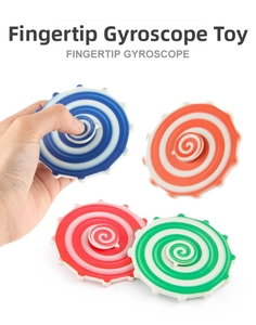 Detail of four colorful fingertip gyroscopes with spiral texture and spinning action