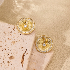 Italian brushed gold S925 silver lotus leaf stud earrings with white zircon accents