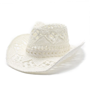 Detailed macro view of the white hollow-out crochet knit pattern on a vintage cowboy sun hat