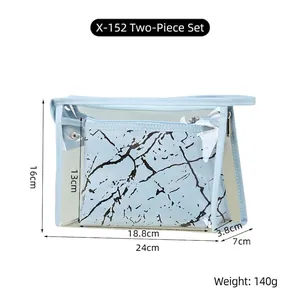Detailed size specifications for light blue two-piece marble pattern makeup bag set