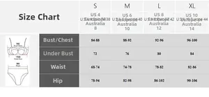 Detailed size chart for color block bikini set showing S to XL measurements and conversions
