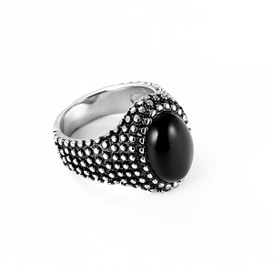 Vintage stainless steel ring for men featuring a large oval black gemstone inlay