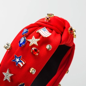 Red knotted headband with American flag enamel charms and rhinestones for July 4th