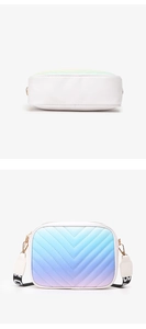 Dual view of gradient shoulder bag featuring V-quilt pattern and wide patterned strap