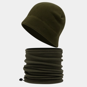 Detail of army green fleece hat and neck warmer set with adjustable black drawstring