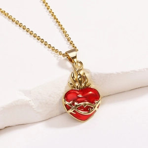Sacred Heart Enamel Pendant Necklace Bracelet Gold Plated Copper Flame Thorns Adjustable Slider Zircon Jewelry For Women