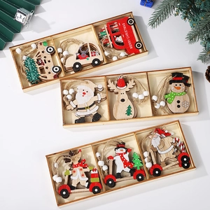 Wooden Christmas Tree Pendants Ornaments Cartoon Santa Claus Snowman Reindeer Painted Wood Hanging Decorations For Holiday Party Decor With Box