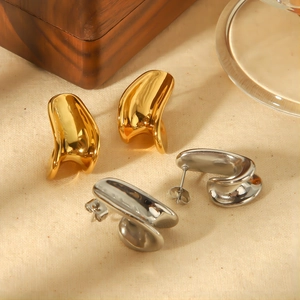 Irregular Wave Stud Earrings Stainless Steel 18K Gold Plated Liquid Metal Style Minimalist High Polish Jewelry For Women