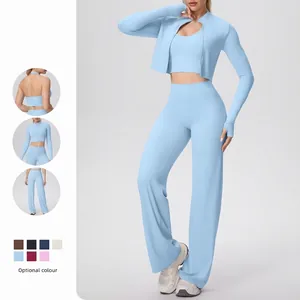 Tenue De Yoga Sport Femme Veste Zippée Avec Gilet Et Pantalon Jambe Large Taille Haute Nylon Spandex Couleur Unie