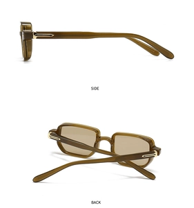 Detail view of olive green retro square sunglasses with golden metal arrow hinge accents