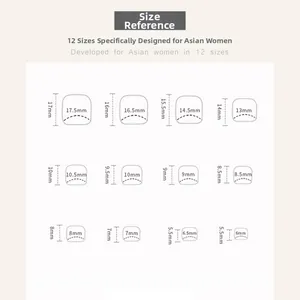 Size reference chart for cat eye press-on toenails showing 12 precise width and length specs