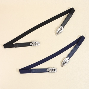 Women's elastic waist belts with silver leaf buckles in black and navy blue colors