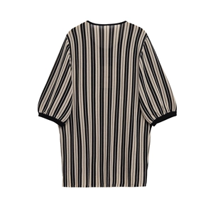 Women's 2025 autumn fashion vertical striped knit short sleeve top in retro simple style