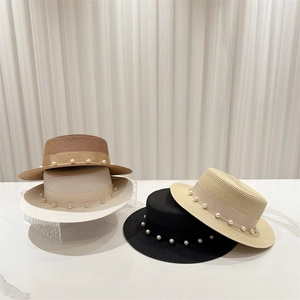 Chapeaux de paille vintage français à sommet plat avec perles en quatre couleurs
