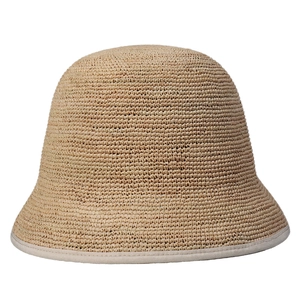 Minimalist raffia bucket hat for women in beige with elegant white fabric trimmed brim