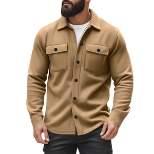 Close-up of khaki fleece jacket with lapel collar, black buttons and dual chest pockets