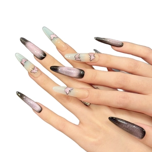 Long stiletto press-on nails featuring dark purple cat-eye shimmer and butterfly designs