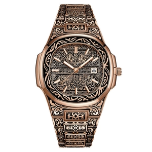 Rose gold men's watch with intricate Middle Eastern carvings and Arabic dial pattern