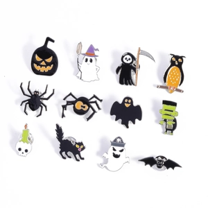 Set of 12 Halloween enamel pins including pumpkin, ghost, and bat for clothing decor