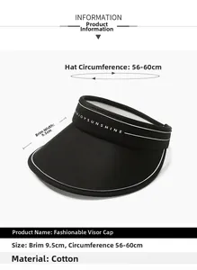 Detail view of black sun visor with 9.5cm brim and Enjoy Sunshine text embroidery