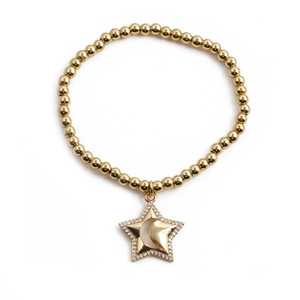 Bracelet à perles plaqué or élégant avec pendentif étoile et lune orné de zircons cubiques