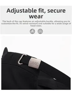 Detail of adjustable metal buckle with Sport engraving on black cotton flat top cap