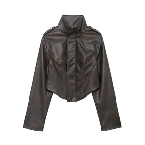 Giacca In Pelle PU Da Donna Collo Alto Corta Stile Moto Vintage Manica Lunga Con Cerniera Marrone