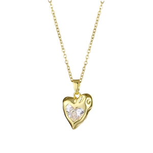 Collier élégant doré avec pendentif cœur aux bords plissés et cristal de zircon scintillant